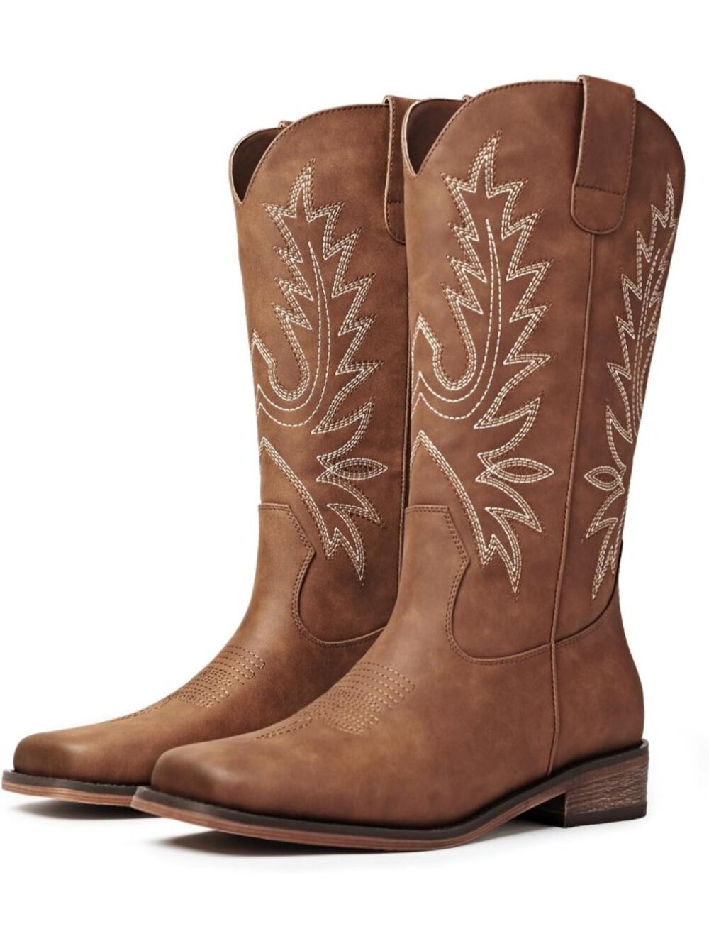 Women's Cognac Faux Leather Mid Calf Square Toe Vintage Embroidery Cowgirl Boots